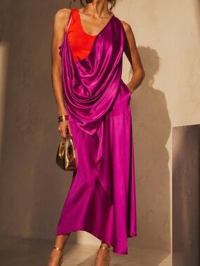NWT Atlein Hybrid Draped Satin Dress in Bright Orange & Purple Size 38 = Size 6
